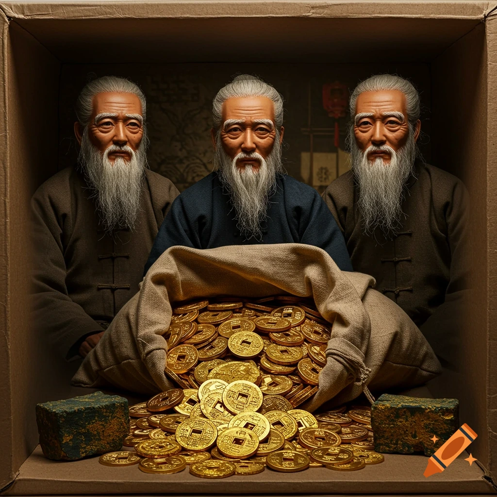 Three old men with beards in traditional clothing sitting behind a bag of ancient gold coins inside a box.