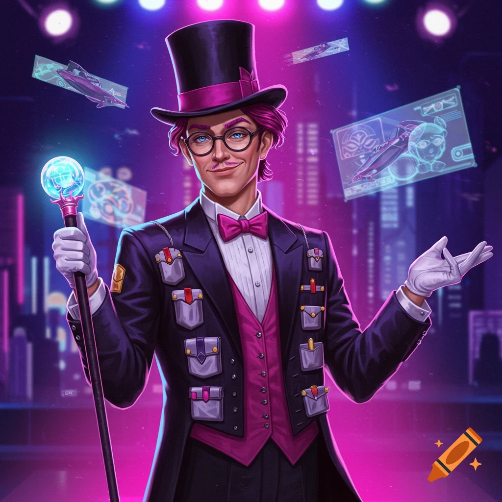A stage magician in a top hat with a glowing cane and many pockets, surrounded by holograms.