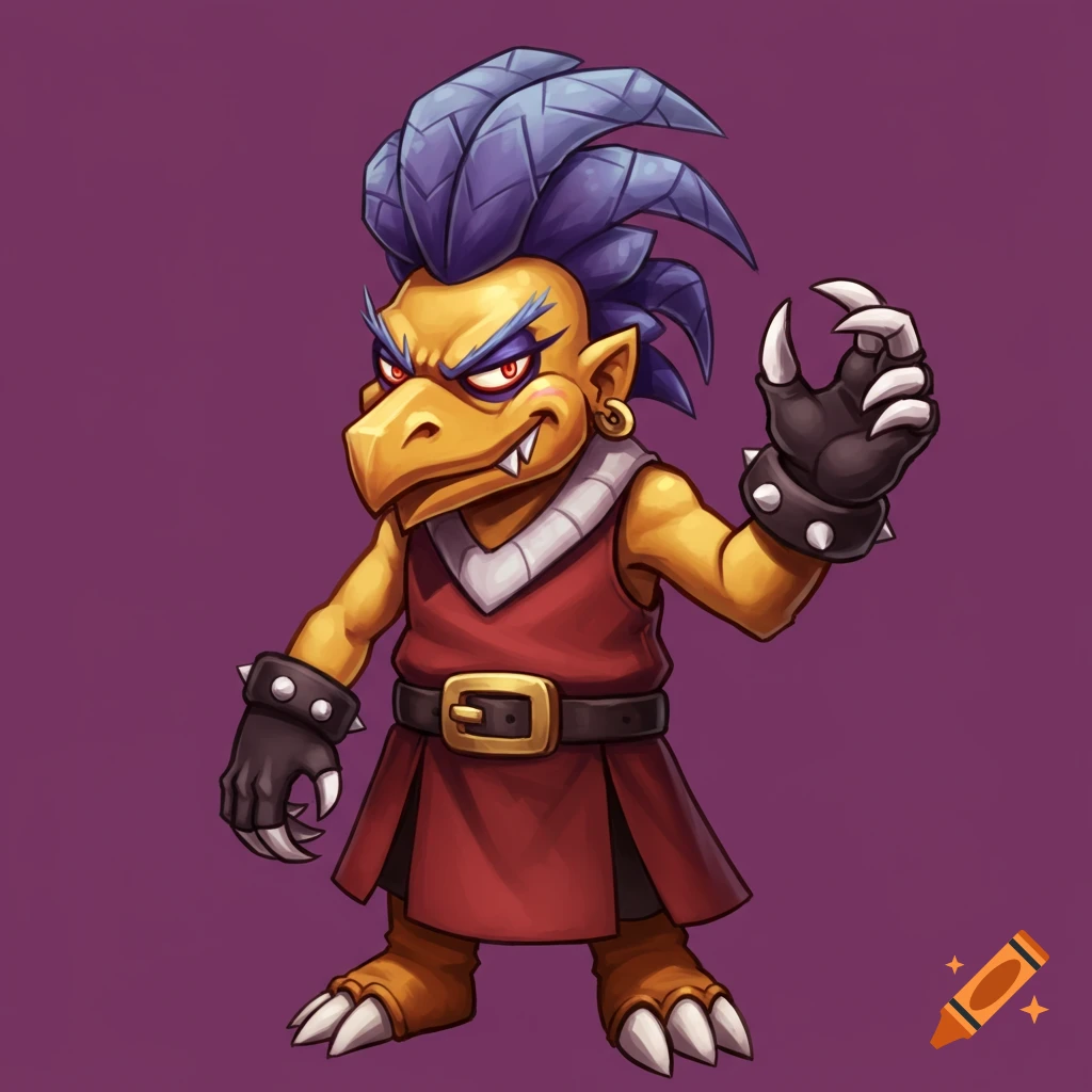 Cartoon monster character with blue mohawk and claws on purple background