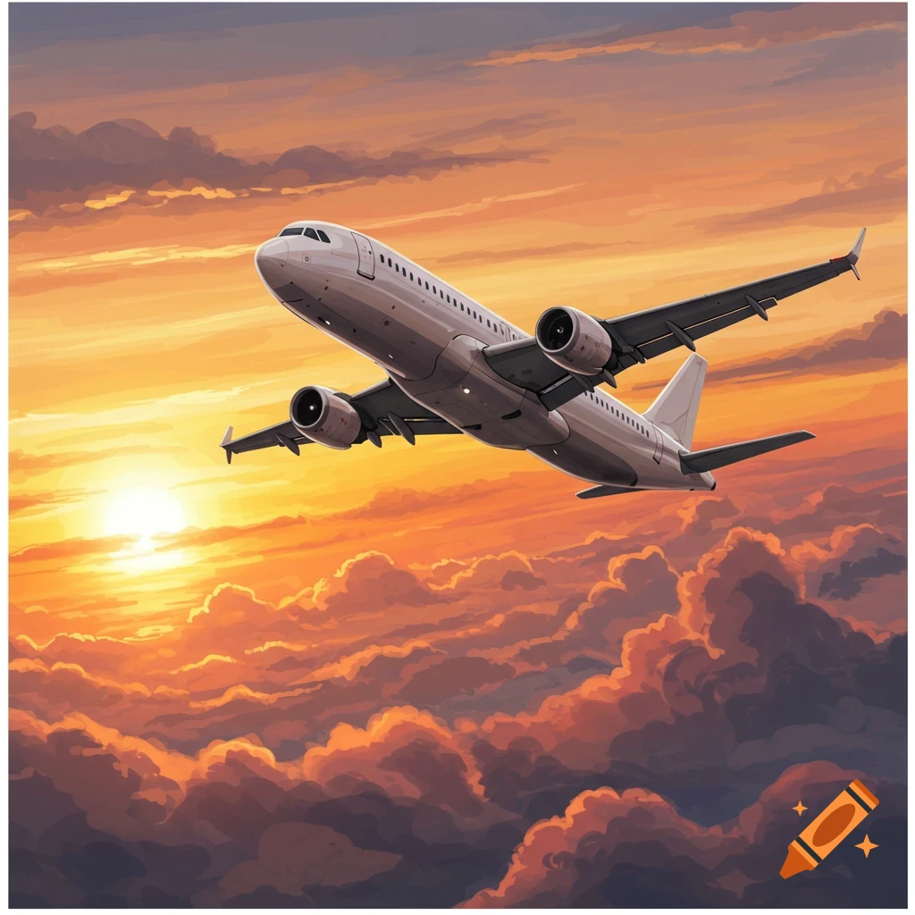 A passenger airplane flying through dramatic clouds during sunset.