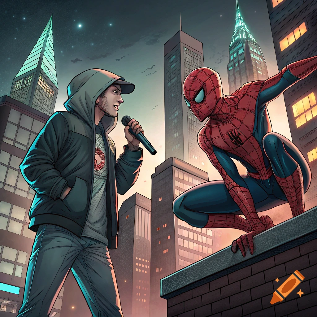 Comic book illustration of Eminem rapping to Spider-Man on a city rooftop at night.