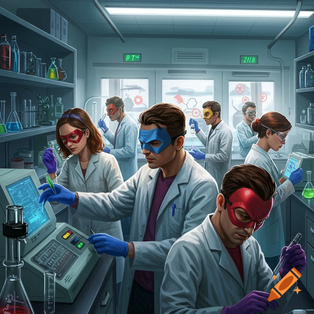 Scientists wearing superhero masks working in a laboratory.