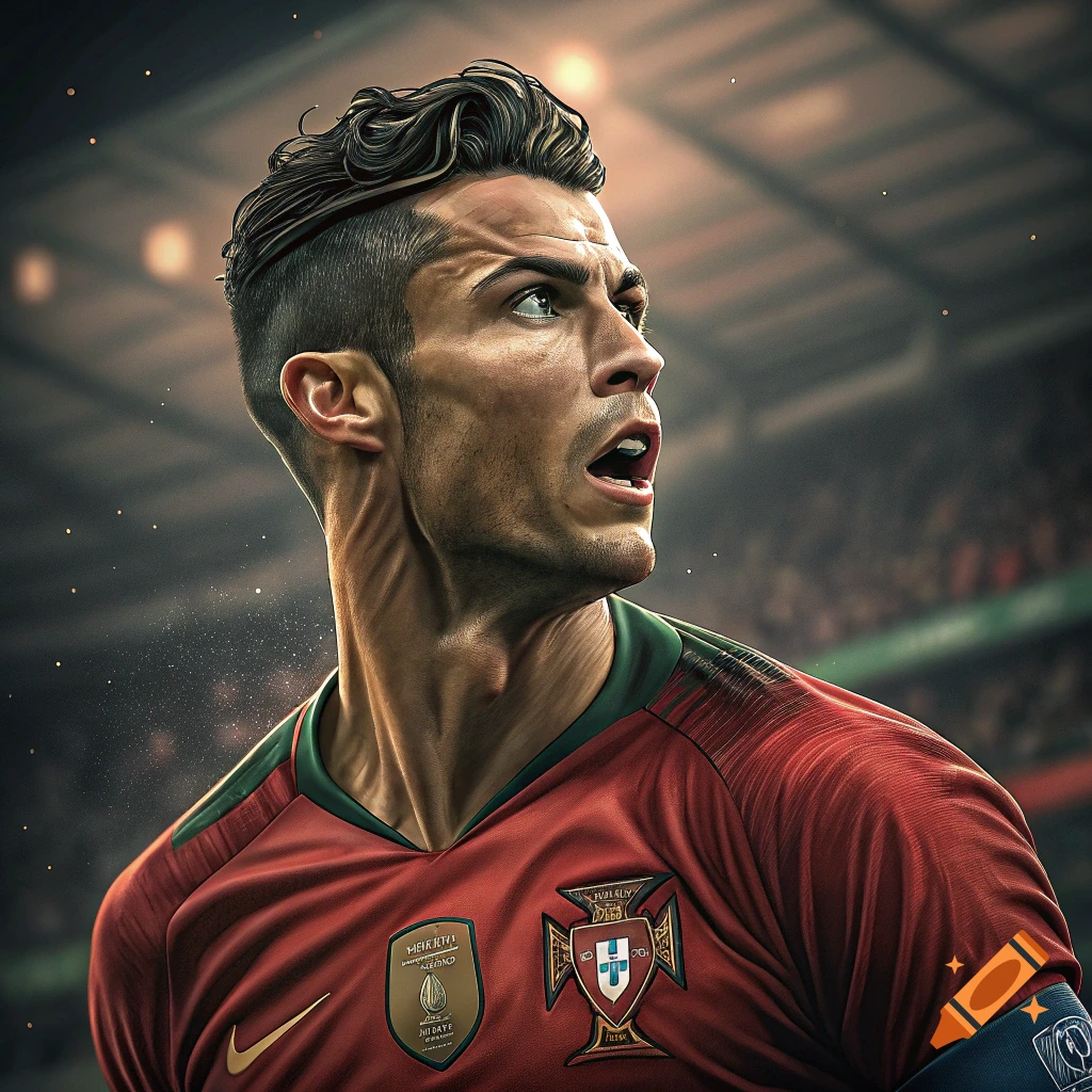 Close-up photorealistic portrait of Cristiano Ronaldo in a red Portugal football jersey during a match.