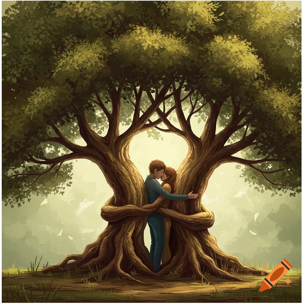 A couple embracing while intertwined trees wrap around them.