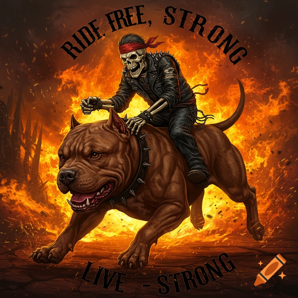 Skeleton biker riding a pitbull through flames with text Ride Free, Live Strong.