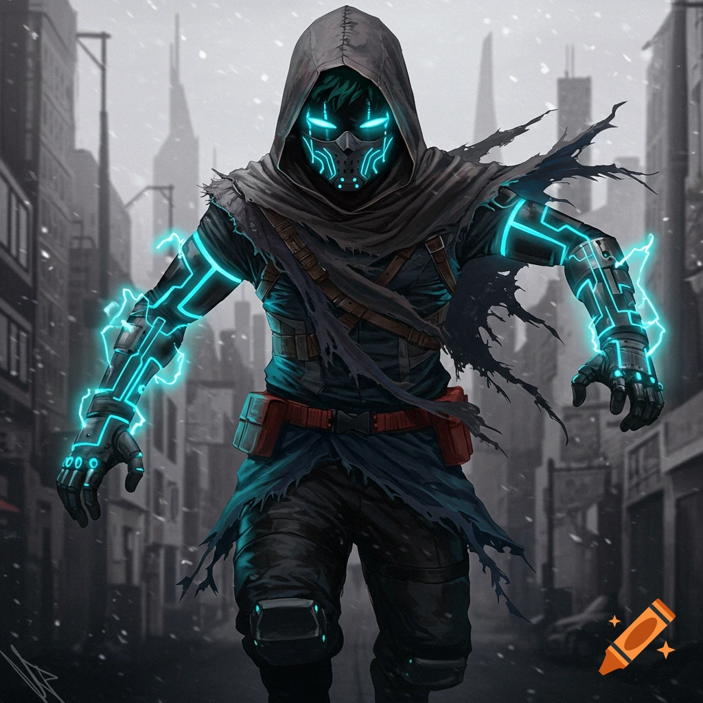 A hooded superhero with glowing blue circuitry on his arms and mask stands in a city.