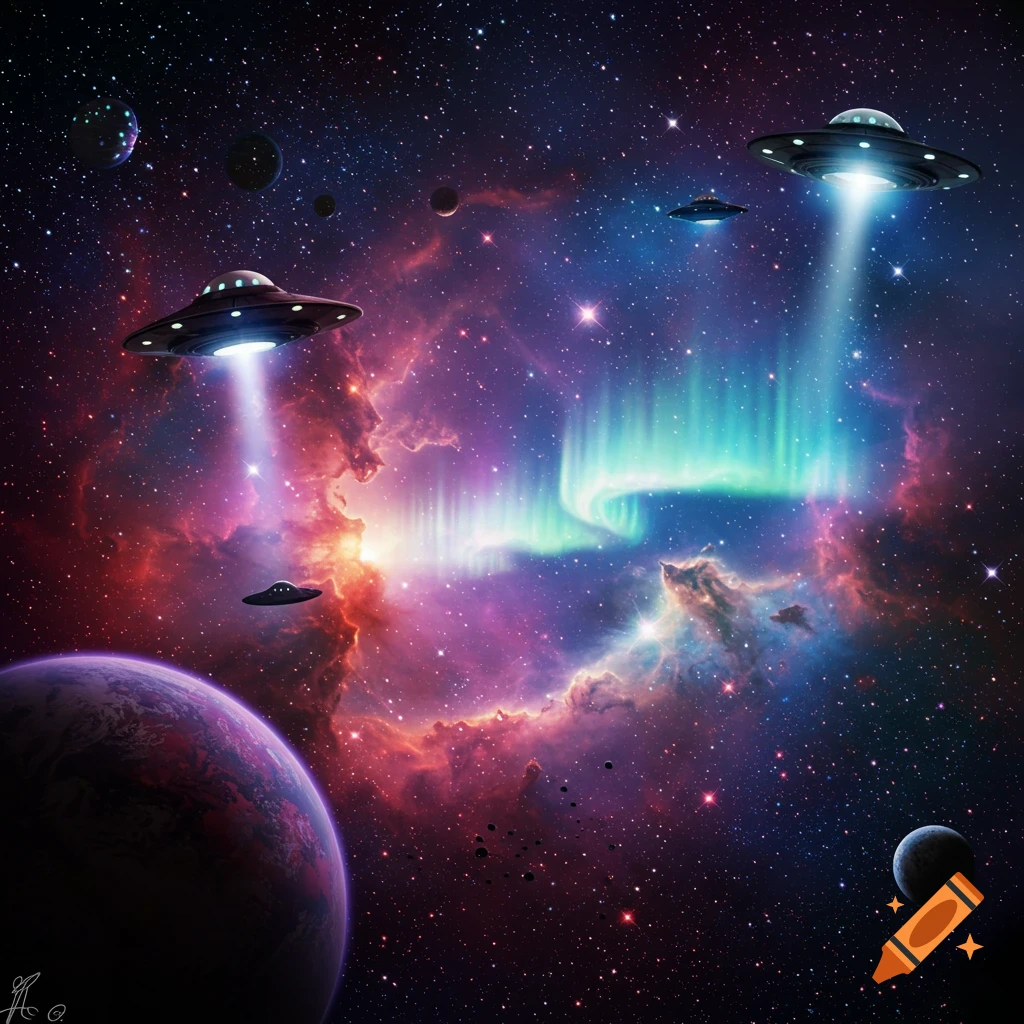 UFOs flying through a colorful space nebula with planets, stars, and auroras.