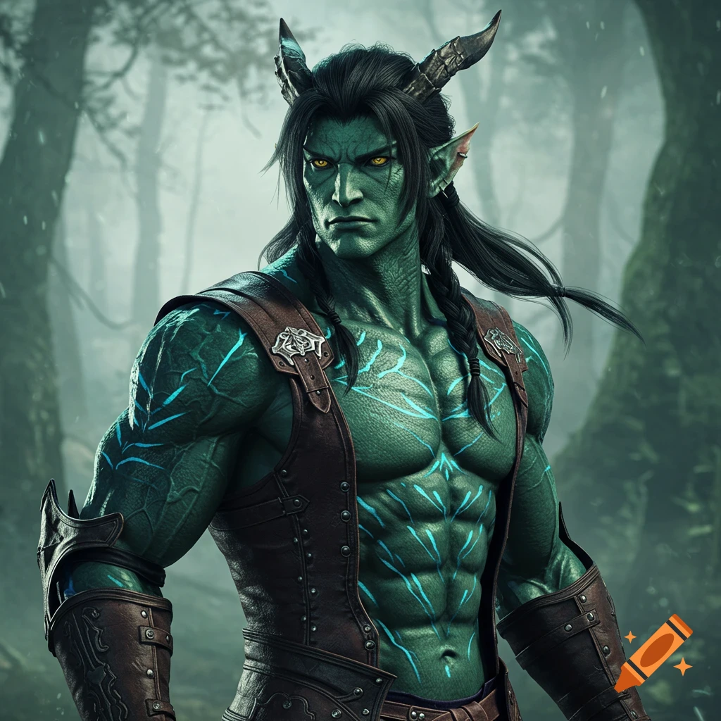A muscular green fantasy character with horns and glowing markings stands in a forest.