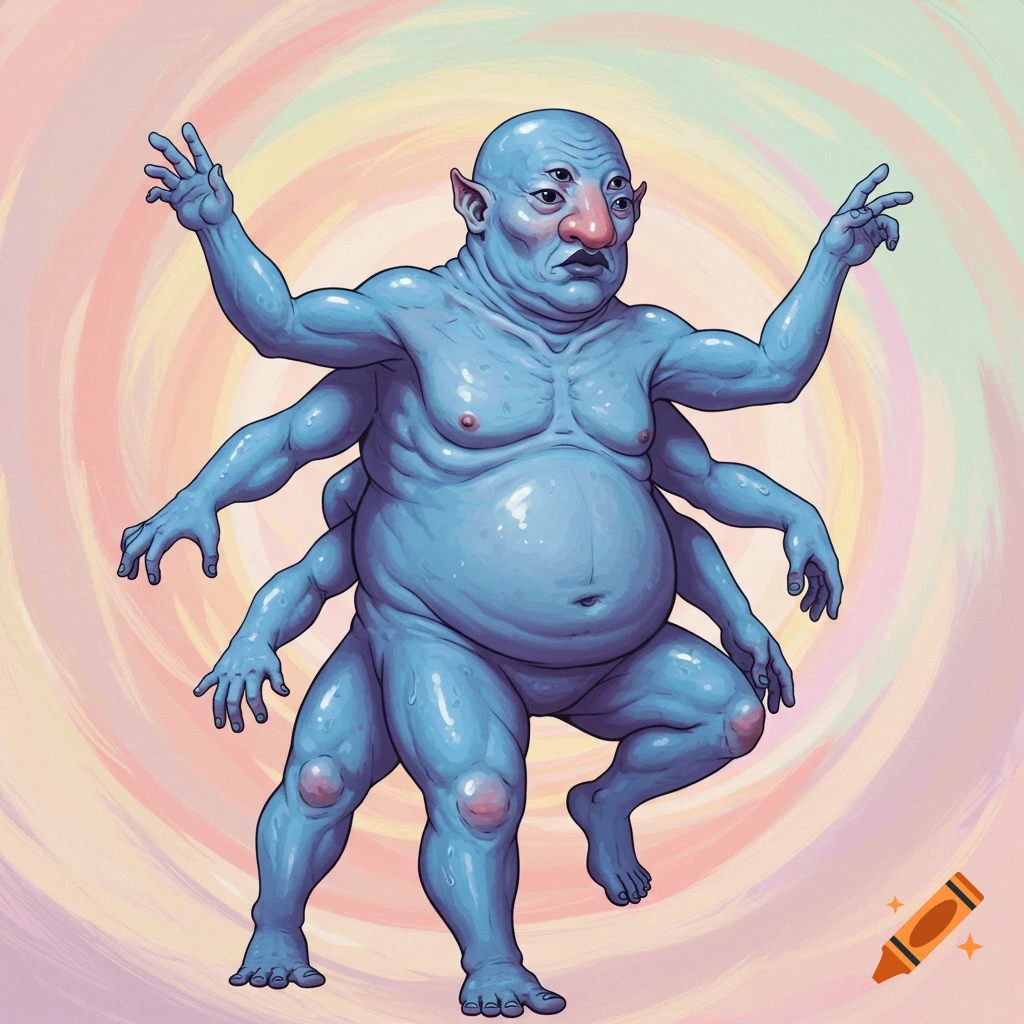 A blue, fat creature with many arms and four eyes stands in a swirling background.
