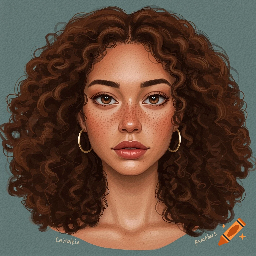 Portrait of a young woman with curly brown hair and freckles, wearing hoop earrings.