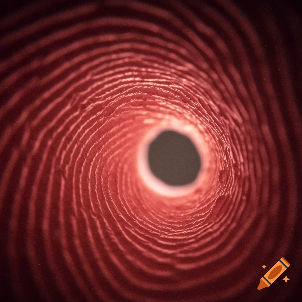 Macro photo of red ridged texture like inside a tunnel or biological structure, with a dark circular opening.