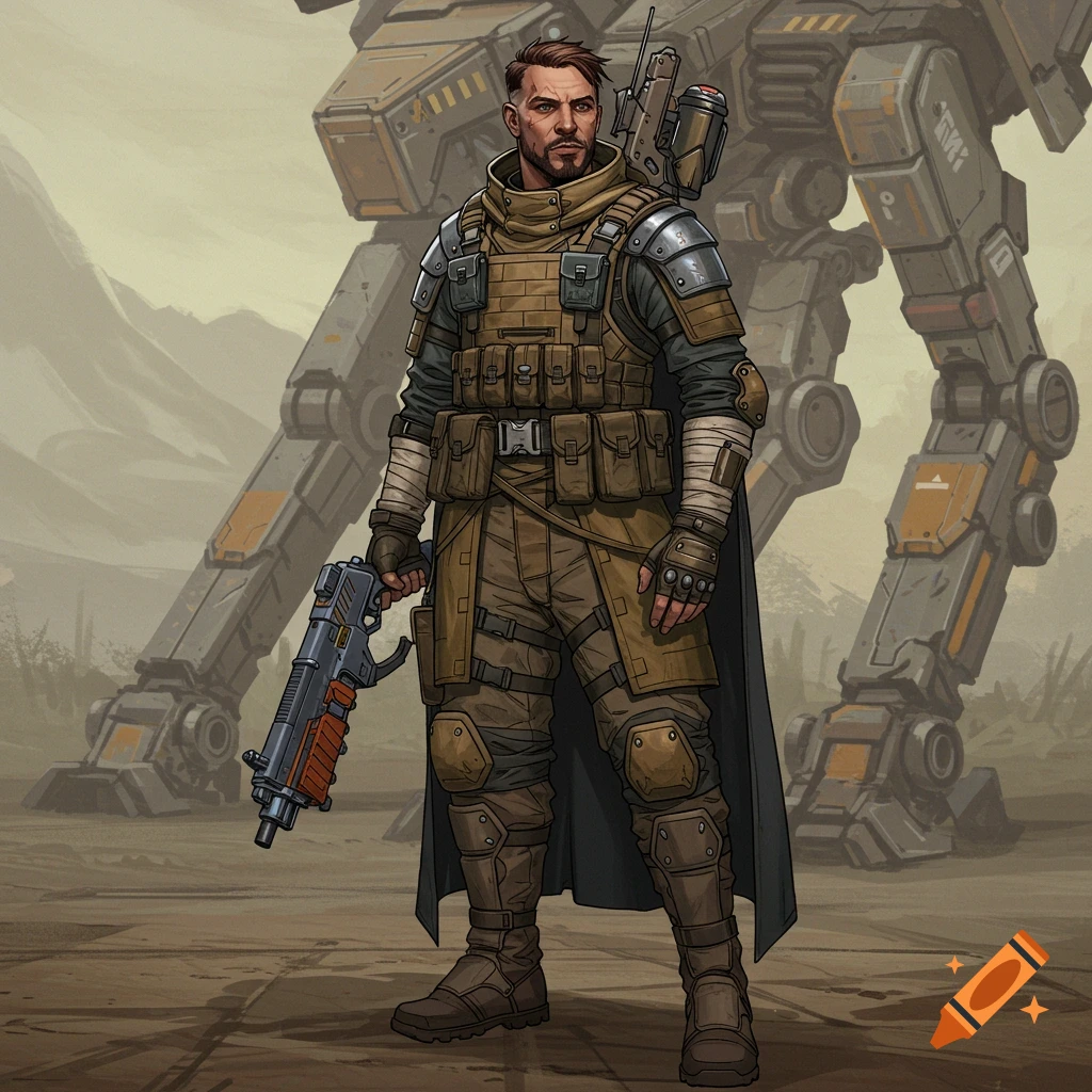 A rugged man in futuristic tactical gear stands in front of a large mech in a dusty landscape. Graphic novel style illustration.