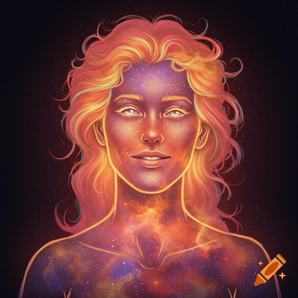 A person's head and shoulders glowing with stars and nebula patterns.