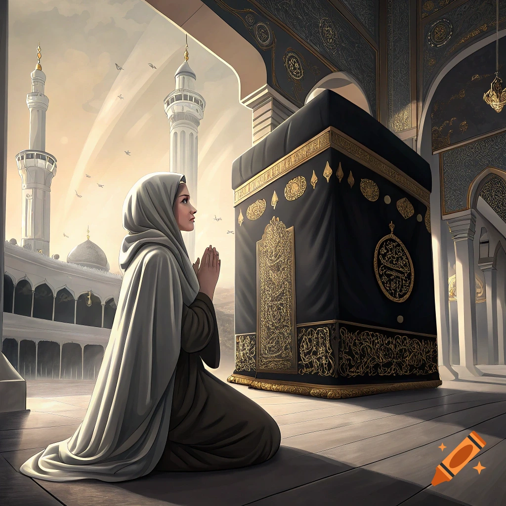 A woman kneels in prayer before the Kaaba in Mecca.