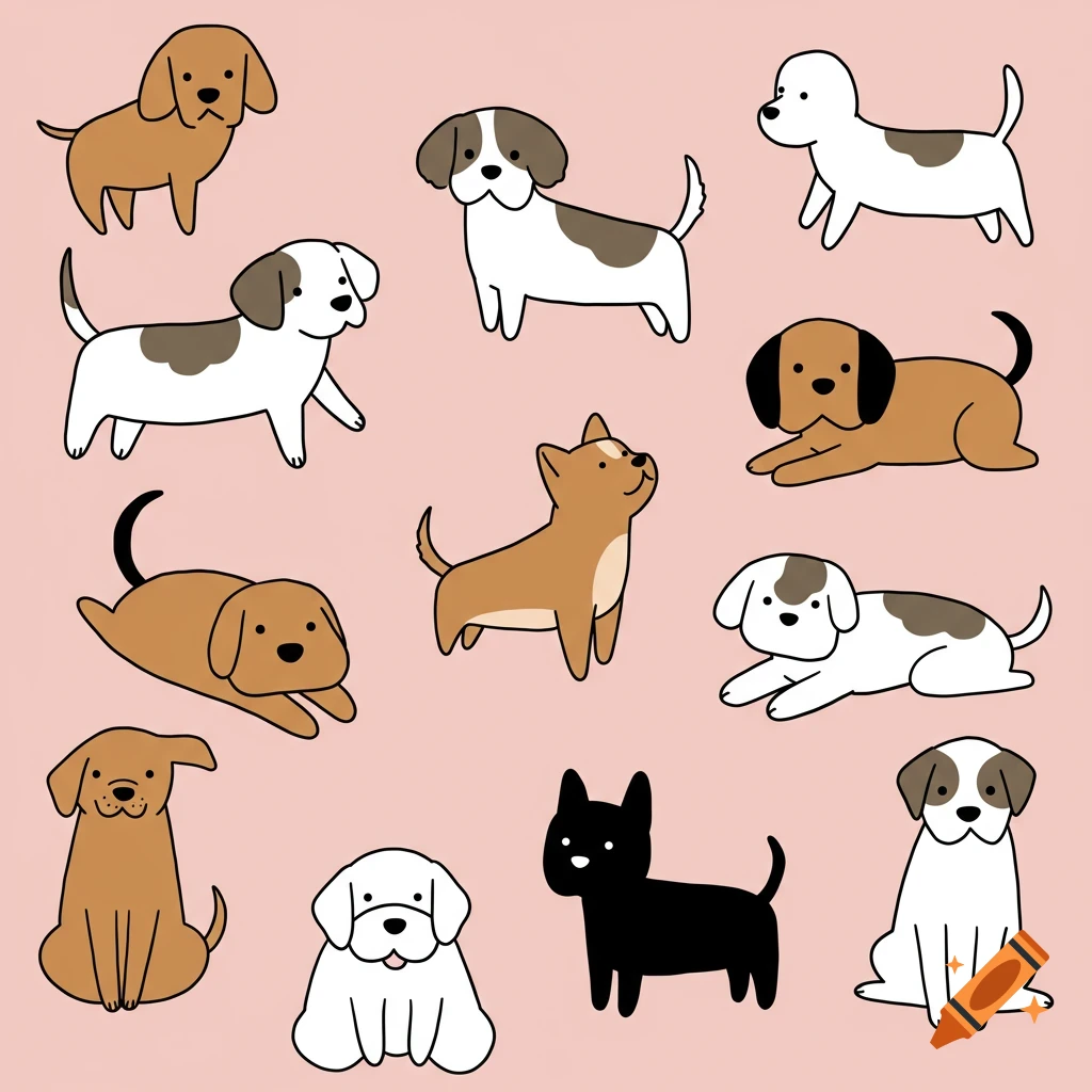 A pattern of cute stylized dogs in various poses on a pink background.