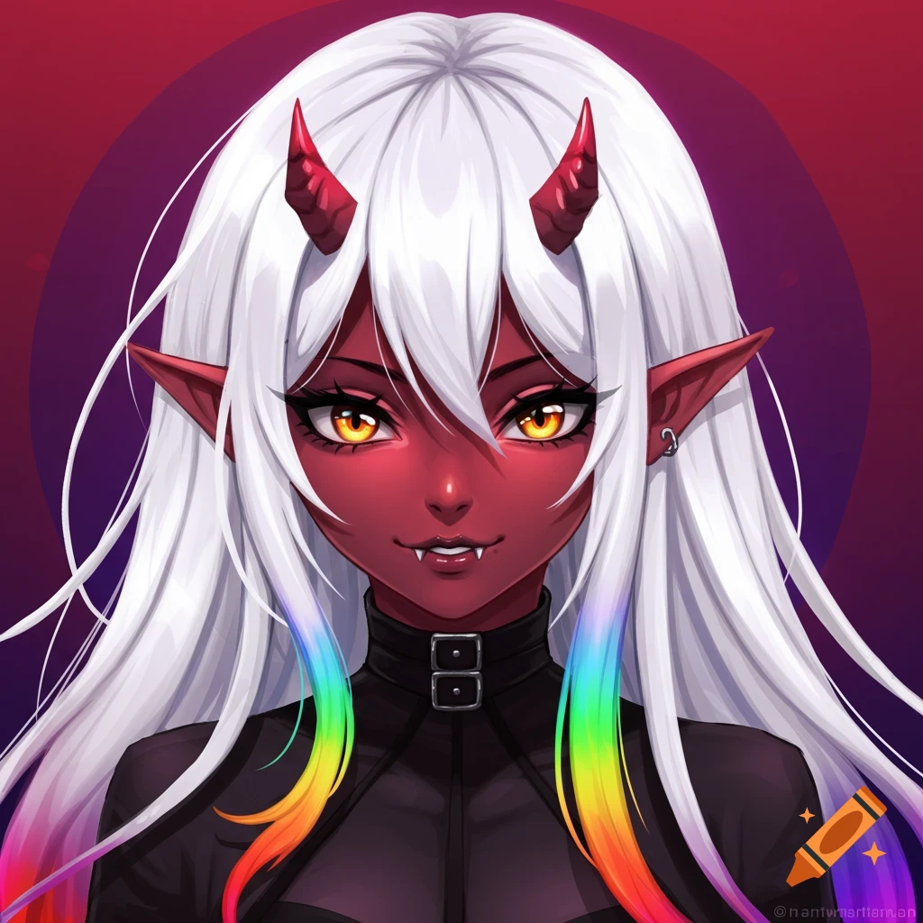 Anime style portrait of a red-skinned demon girl with white hair, rainbow tips, red horns, and orange eyes.