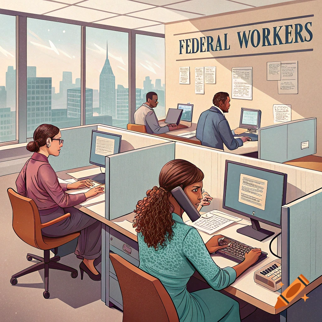 Illustrative image of federal workers in cubicles in an office overlooking a city.