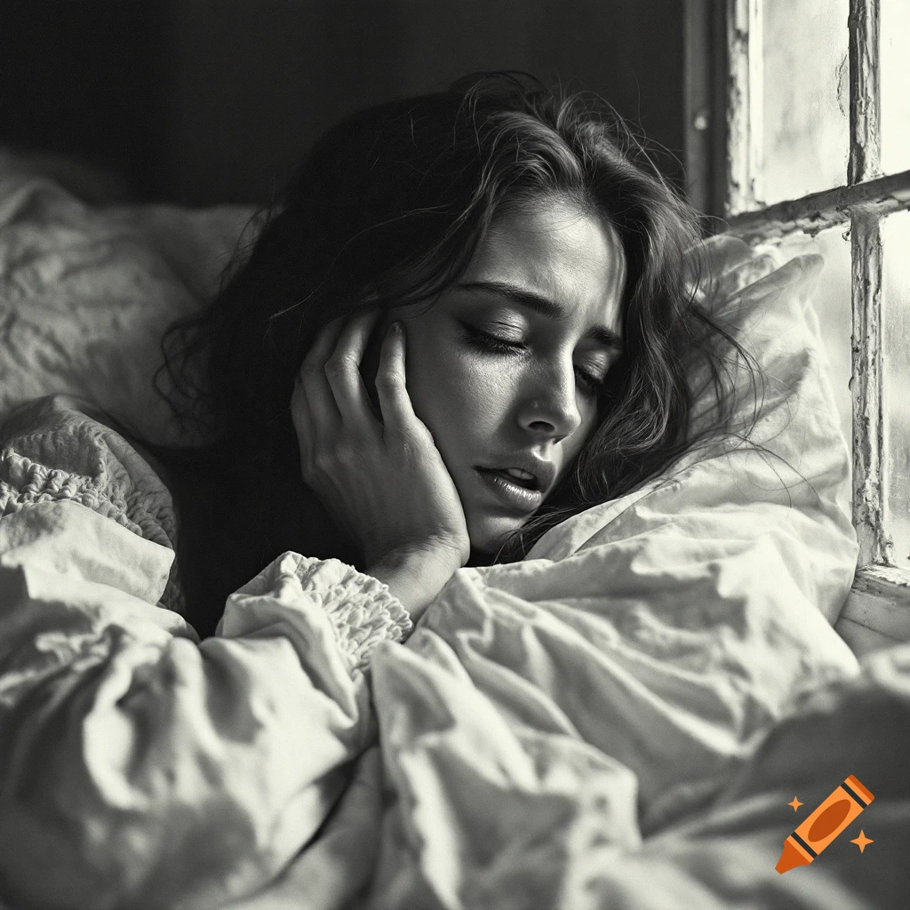 Black and white portrait of a woman crying in bed by a window