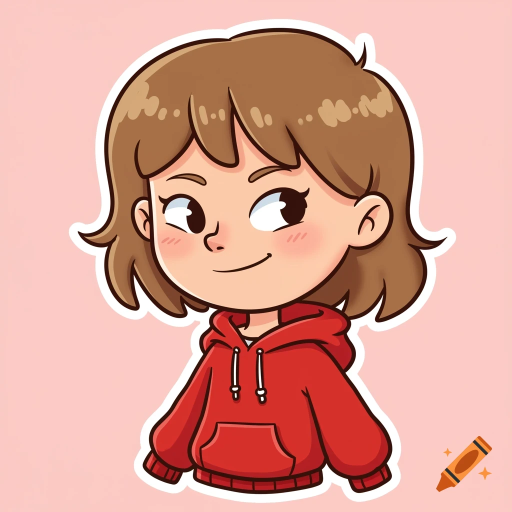 A cute cartoon illustration of a girl with brown hair wearing a red hoodie.
