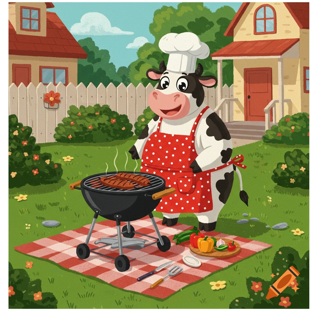 Cartoon cow in chef hat and apron grilling steaks on a barbecue in a backyard with a picnic blanket.