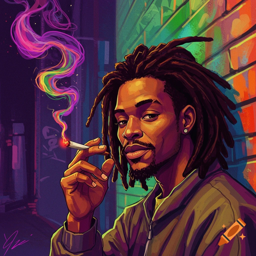 Image of a man with dreadlocks smoking on an urban street.