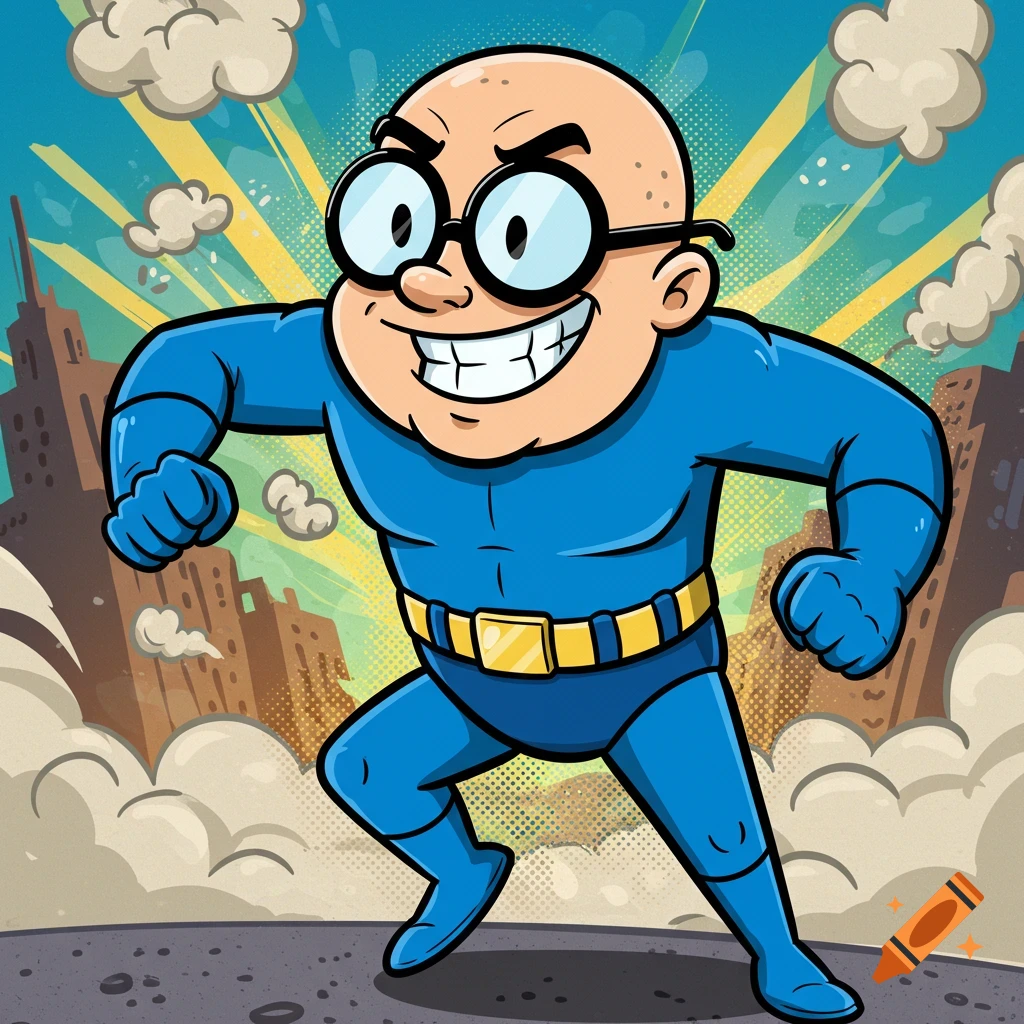 Cartoon bald superhero with glasses and a yellow belt poses in front of a city skyline.