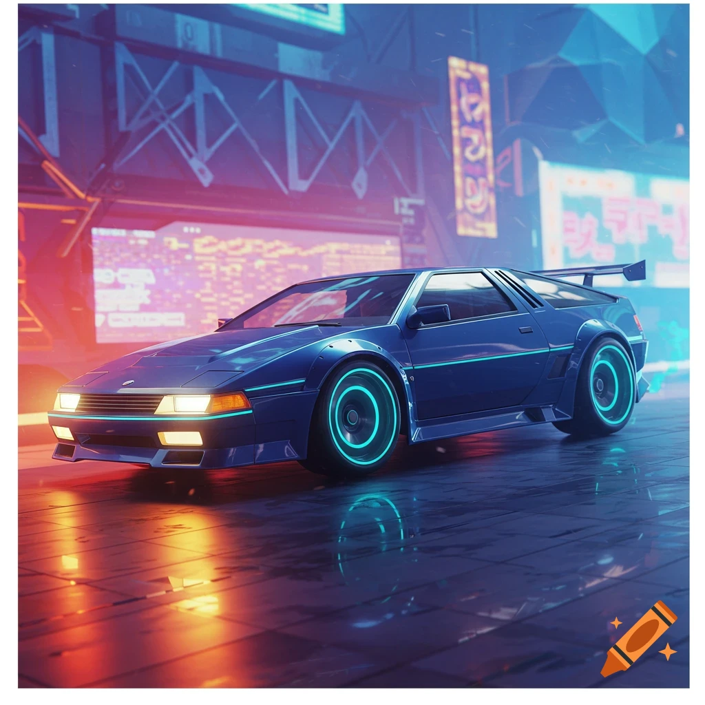 A blue futuristic sports car sits in a neon-lit cyberpunk city at night.