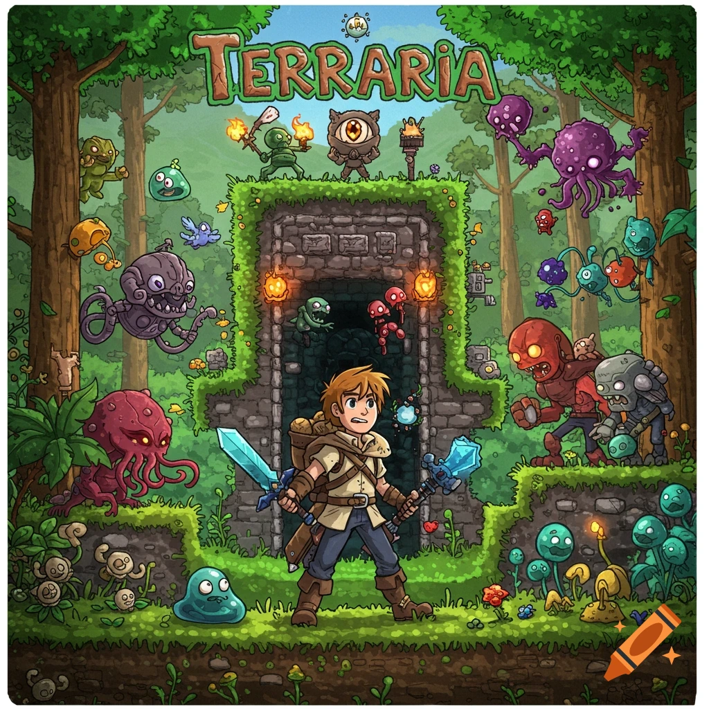 Cartoon style illustration of a character battling monsters in a forest outside a cave entrance, with the game title 'TERRARIA' above.
