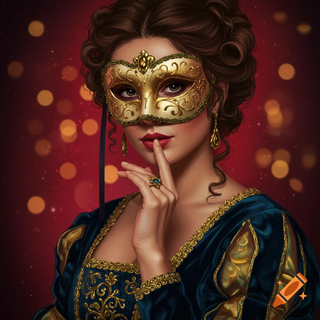 A woman in a golden masquerade mask is depicted against a red bokeh background.