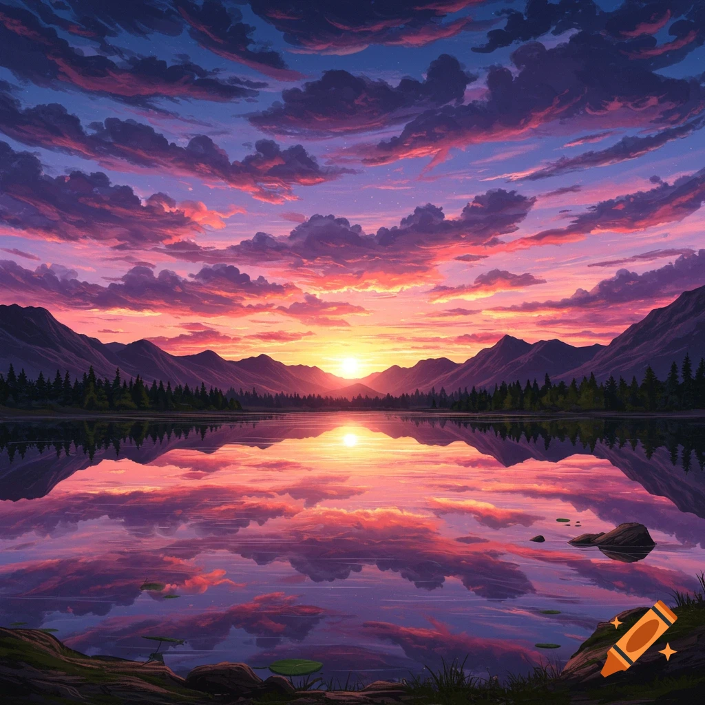 A vibrant sunset over a calm lake, reflecting the pink and purple clouds and orange sky, with mountains and trees surrounding the shore.