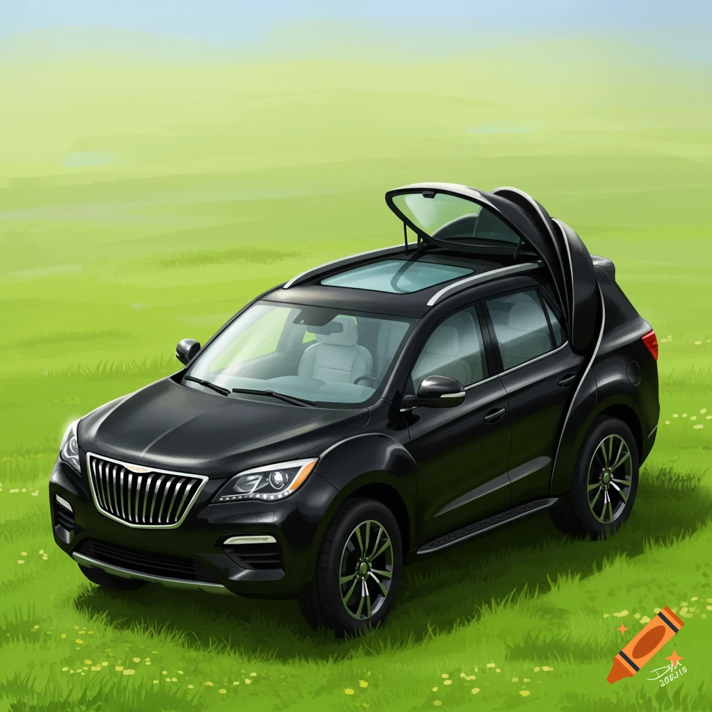 A black SUV with an opening roof is in a grassy field.