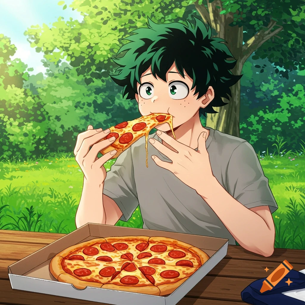 Anime character Izuku Midoriya eating pizza in a park