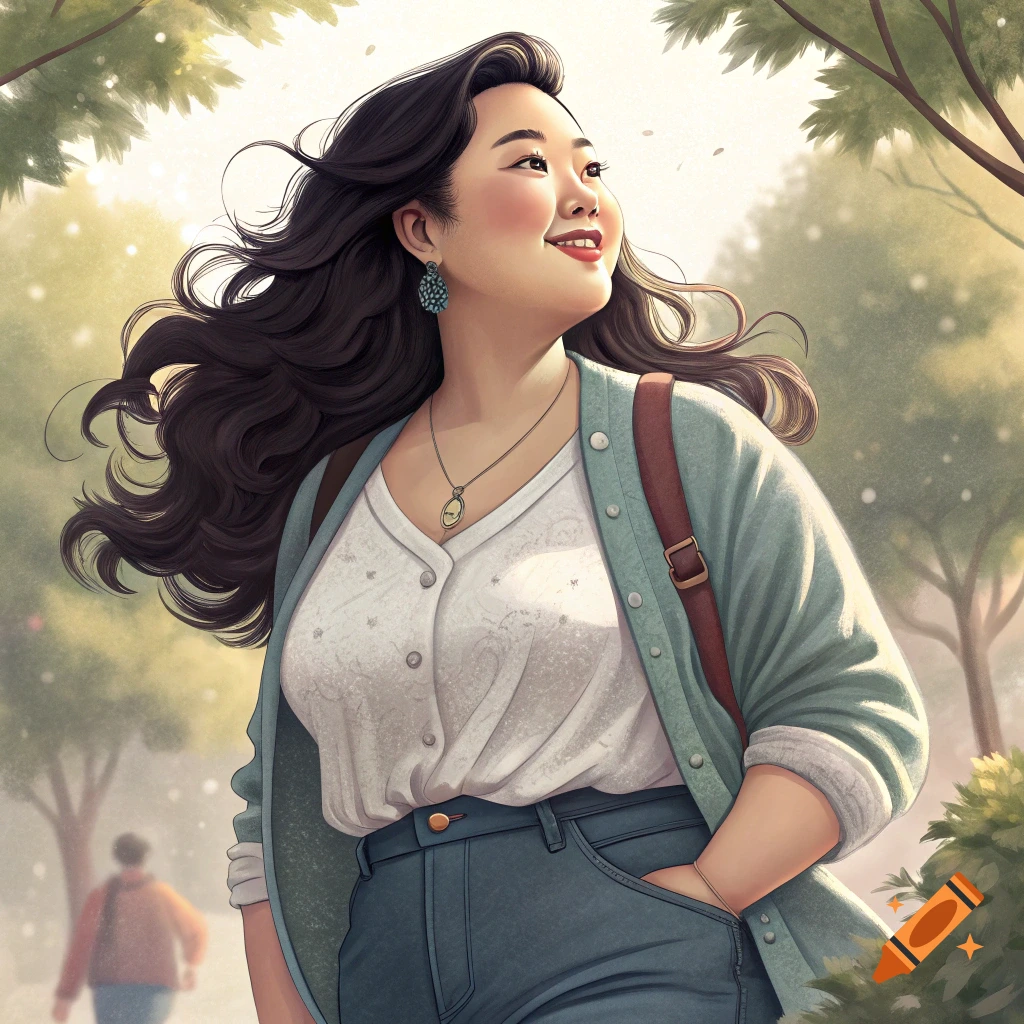 A smiling woman with long dark hair walks in a sunny park