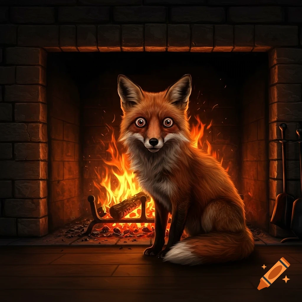 A fox with wide, popping eyes sits in front of a roaring fireplace.