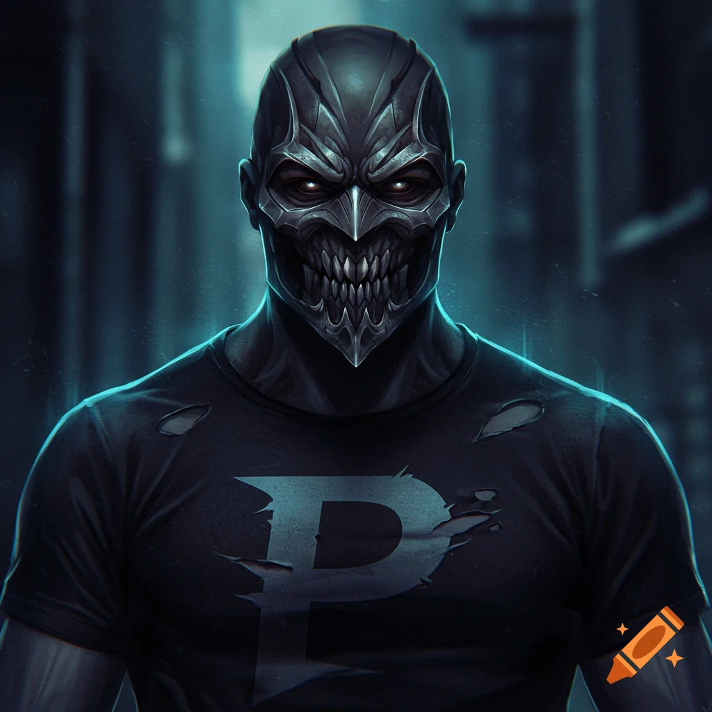 A villain wearing a dark, menacing mask and a ripped black shirt with a large 'P' symbol.