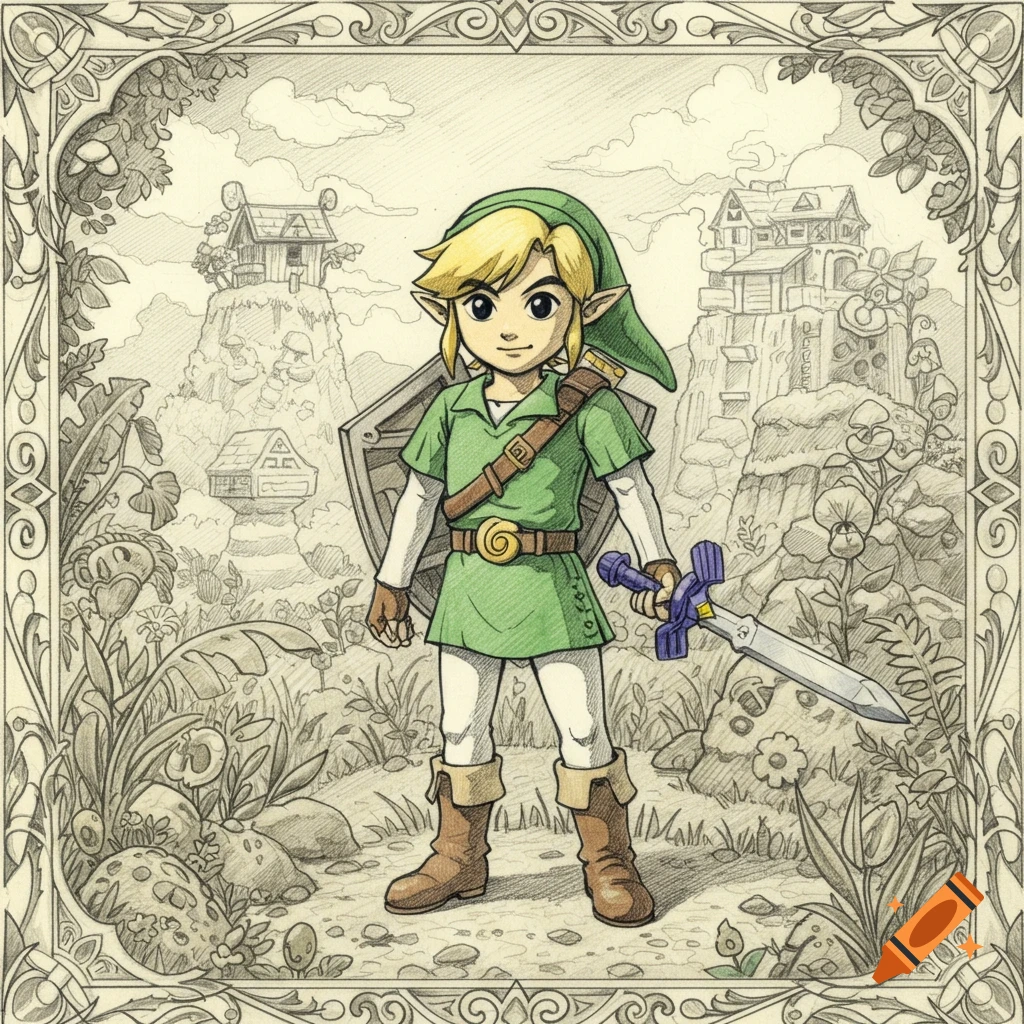 Pencil drawing of a character resembling Link from Legend of Zelda, holding a sword and shield, in a fantasy landscape.