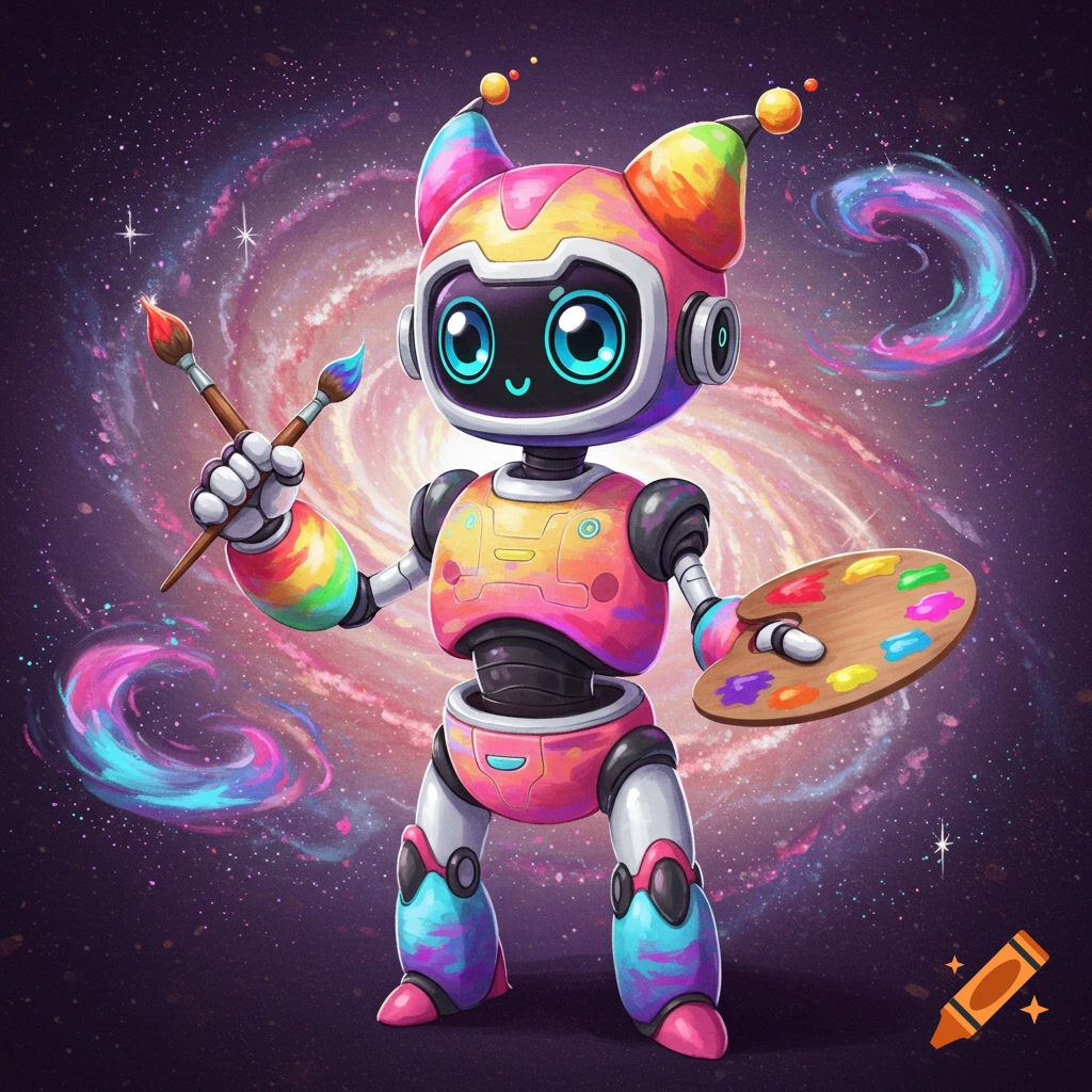 Cute colorful robot with paintbrushes and a palette in front of a galaxy background.