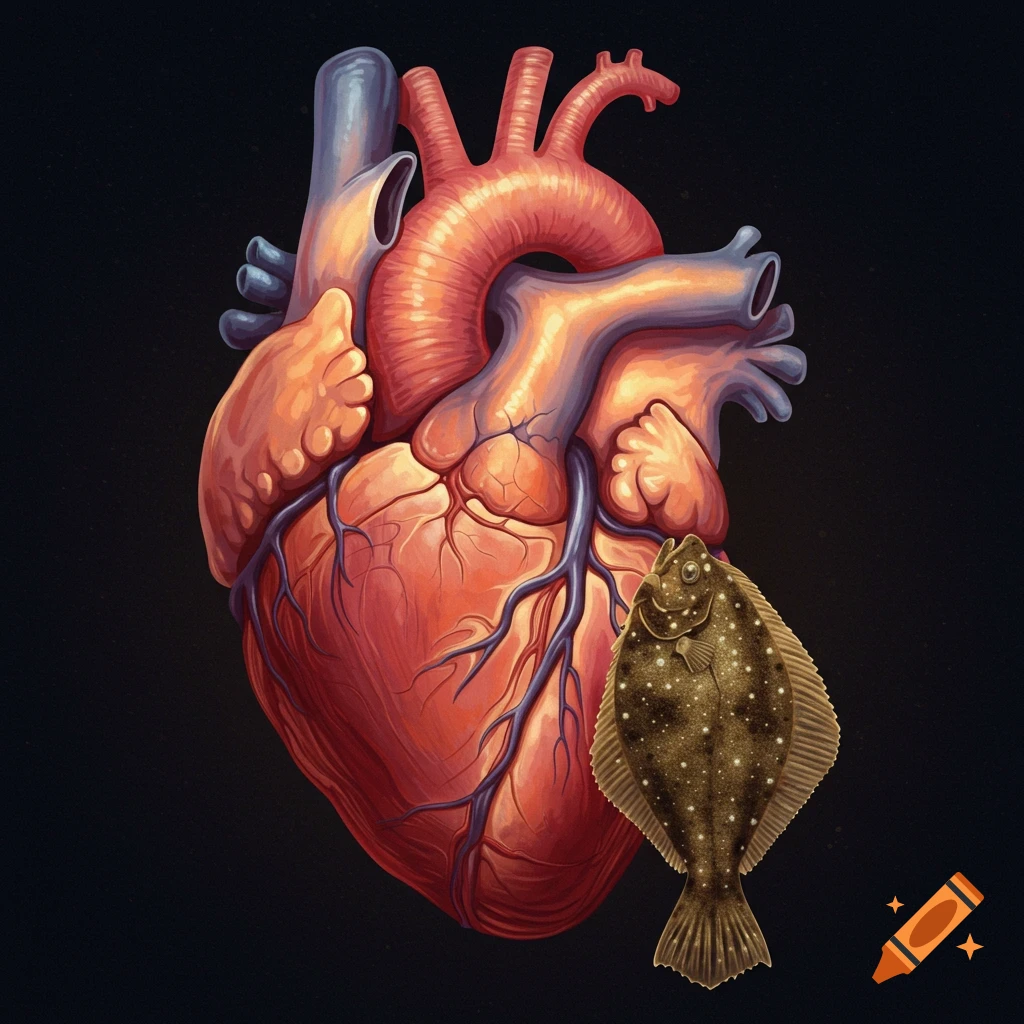 A human heart and a flounder fish.