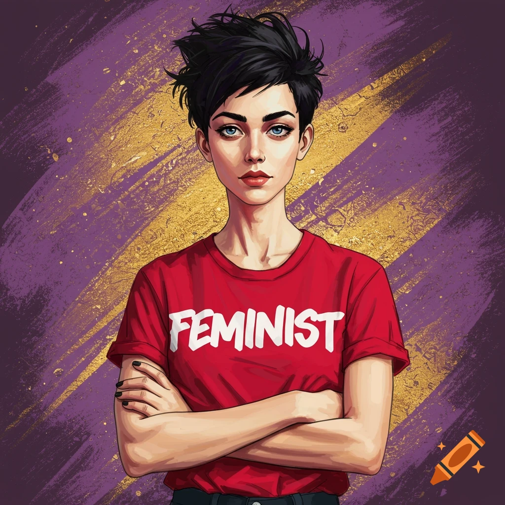 A person with short dark hair wearing a red t-shirt that says "FEMINIST", standing with arms crossed against a purple and gold background.