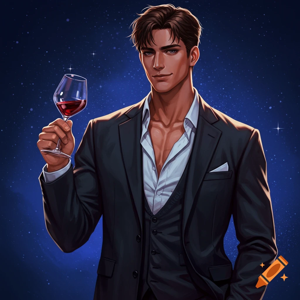 A muscular man in a suit holds a wine glass against a starry background.