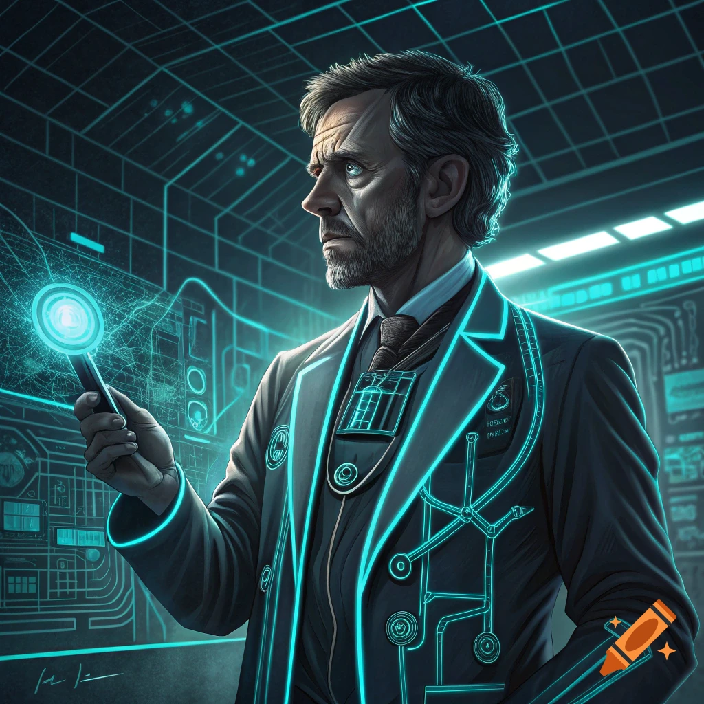 Portrait of a man resembling Dr. House in a glowing Tron-style suit, holding a light-up object in a futuristic setting.