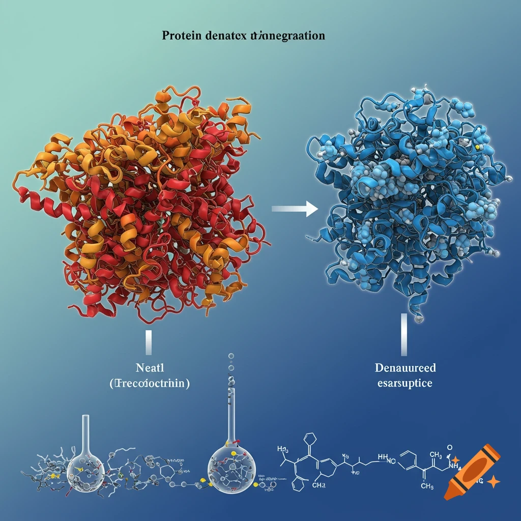 Diagram illustrating protein denaturation with molecular structures and beakers.