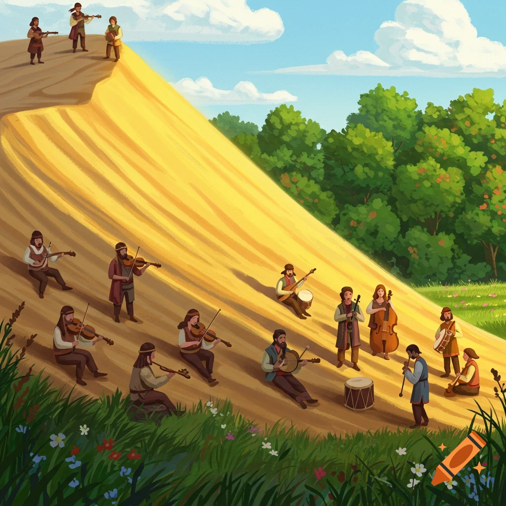 Folk musicians playing instruments on a sandy slope next to a forest.
