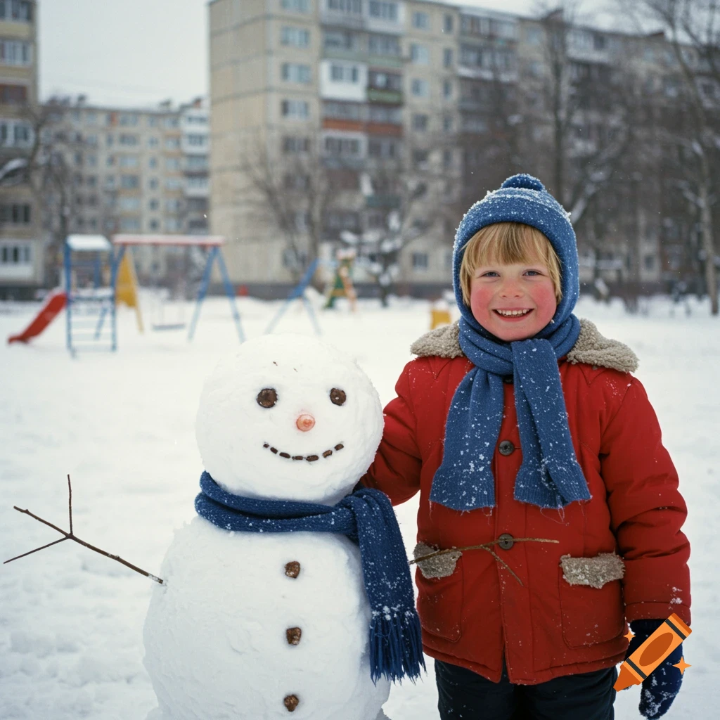 Smiling child in a red coat with a snowman in a snowy park