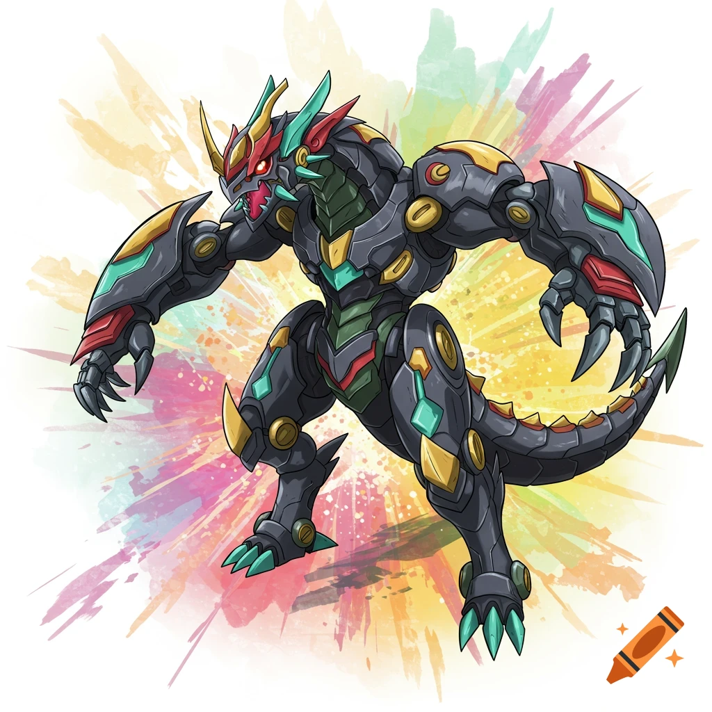 Anime style robotic dragon creature with colorful background.