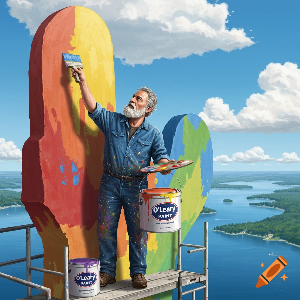 A painter on a scaffold paints a large colorful structure resembling Michigan's mitten overlooking a lake.