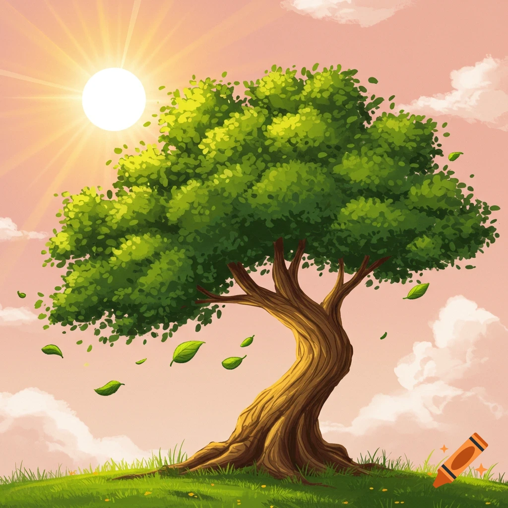 A large green tree stands on a grassy hill with the sun shining and leaves blowing in the wind.