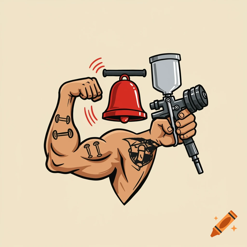Cartoon illustration of a flexing arm holding a spray gun, with tattoos and a ringing bell.