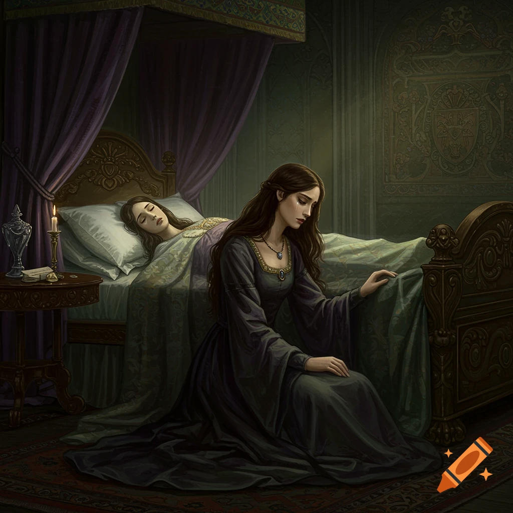 A grieving woman is seated beside a bed where someone is sleeping, in a dim, elaborately decorated room.