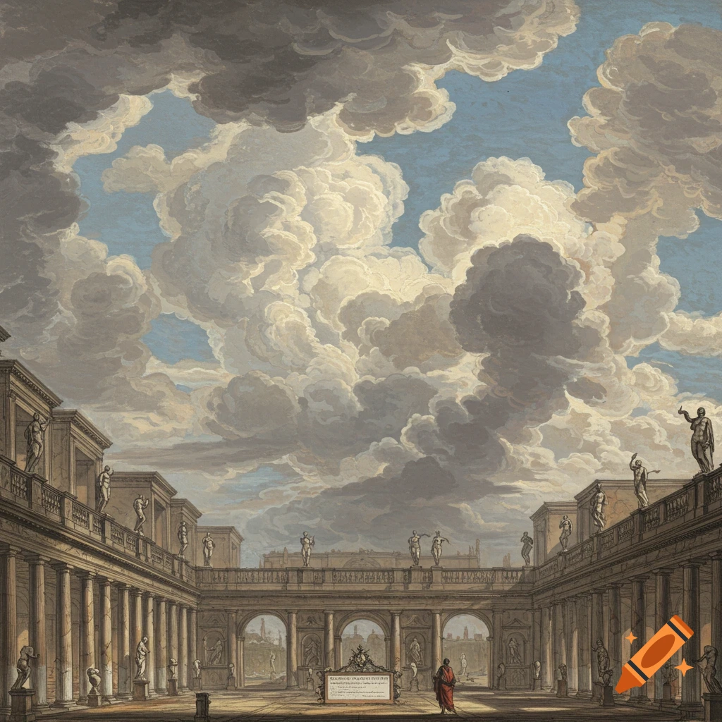 Detailed illustration of a classical courtyard with columns, statues, and a dramatic cloudy sky.